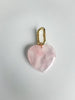 Polished 35 mm rose quartz heart charm with a 24 mm 14k gold-filled carabiner push clasp, displayed on a white background